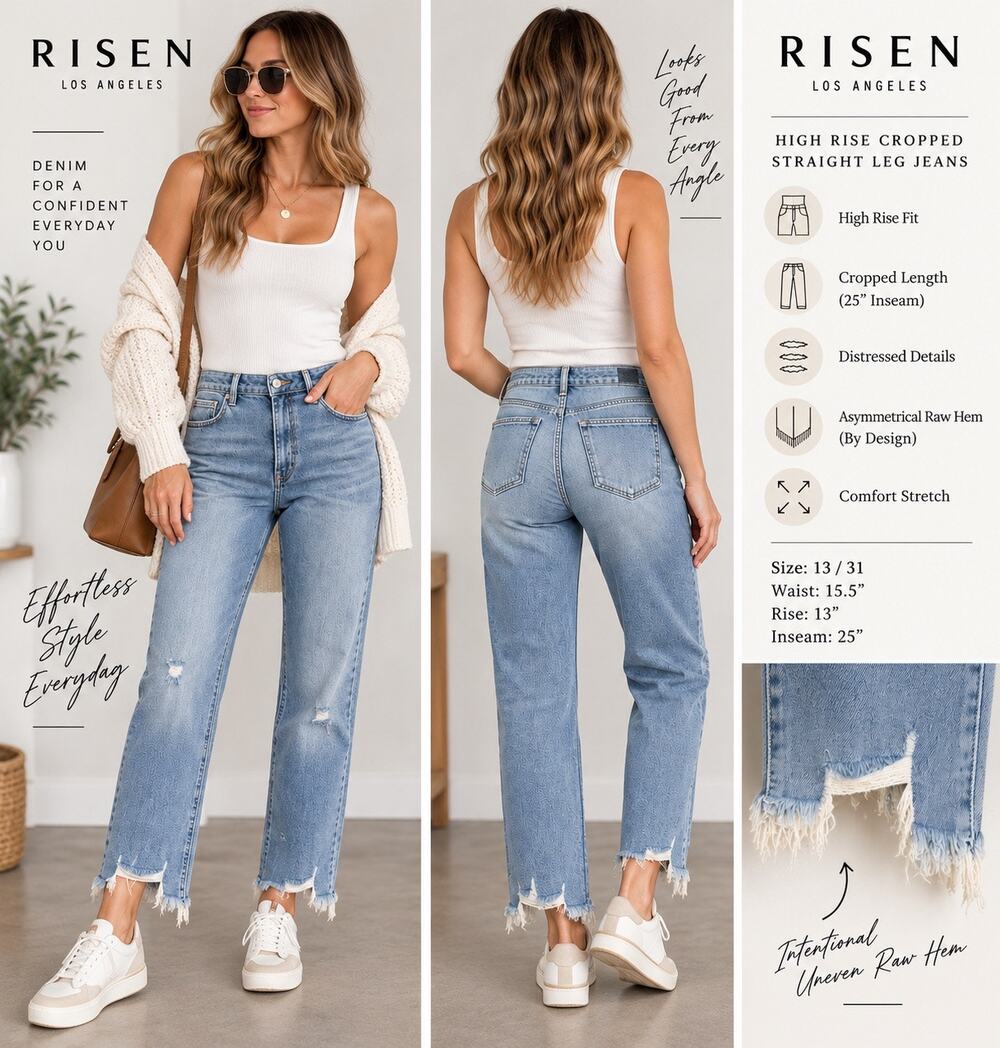 Risen Jeans High Rise Cropped Straight Leg Distressed Raw Hem 13/31 NWT